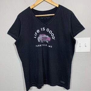 Life is Good Chevy Truck Love Flowers Black Vneck Crusher‎ Tee Womens Large